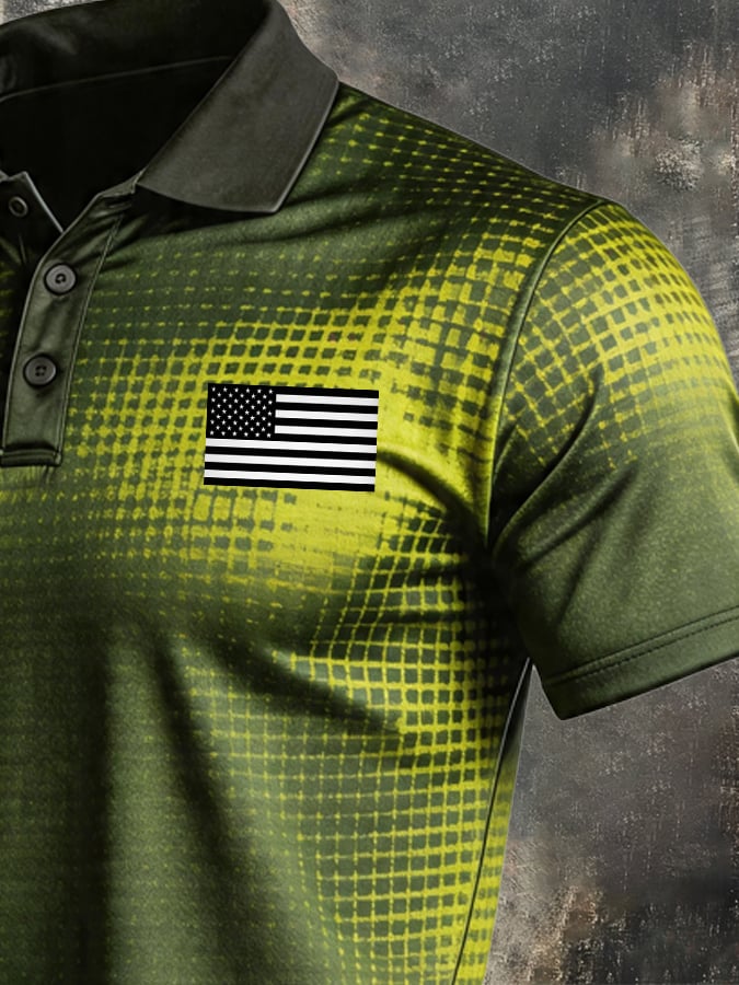 Men's Retro Patriotic Color-Block Short-Sleeve Polo Shirt