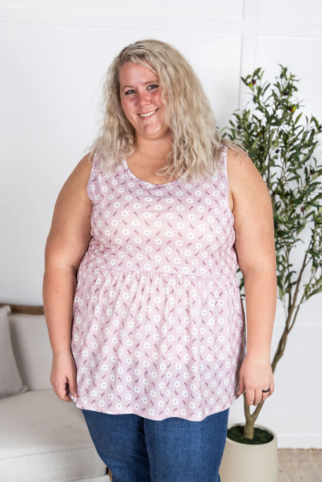 Renee Ruffle Tank Top in Pearl Pink Floral