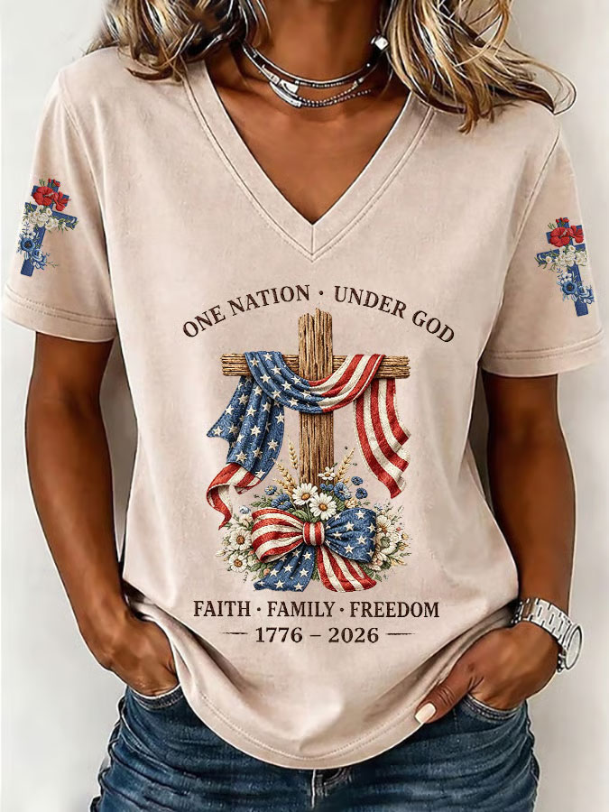 Women'S America Flag Floral Print Casual V-Neck T-Shirt