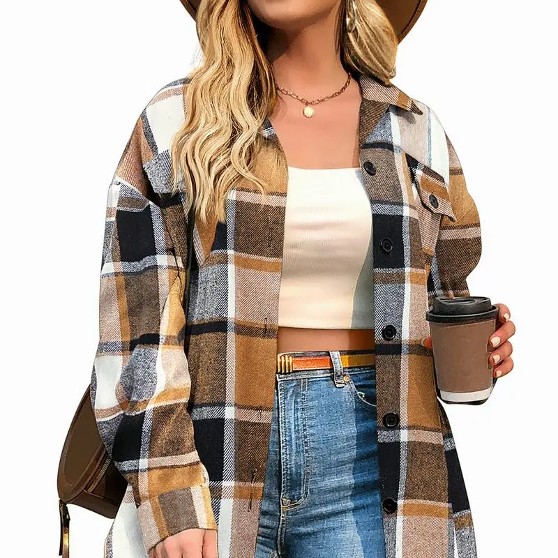 Women Plus Size Plaid Shacket  Coat