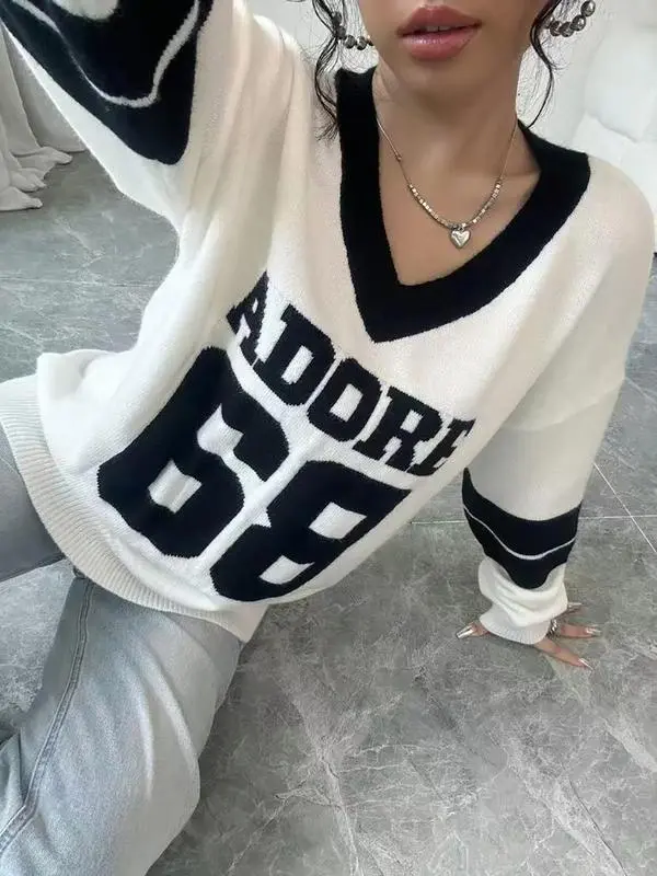 Autumn Winter Color Block V Neck Sweater for Women