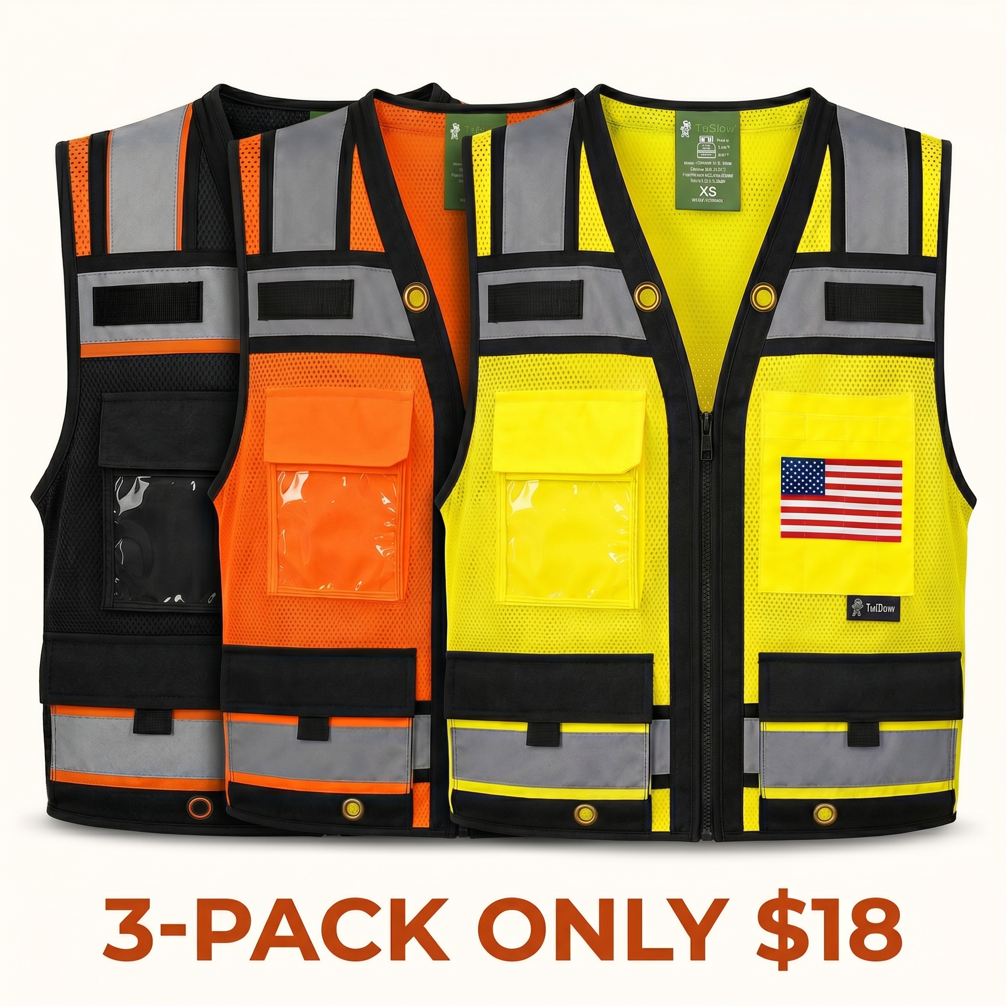 Supervisor-Grade Safety Vest (Optional Customization: U.S. Flag or Other Flags) — High-Visibility Reflective Safety Design, Featuring Zipper Closure and Multiple Pockets on a Mesh Vest
