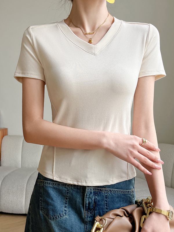 Solid Color Split-Joint Short Sleeves Skinny V-Neck T-Shirts