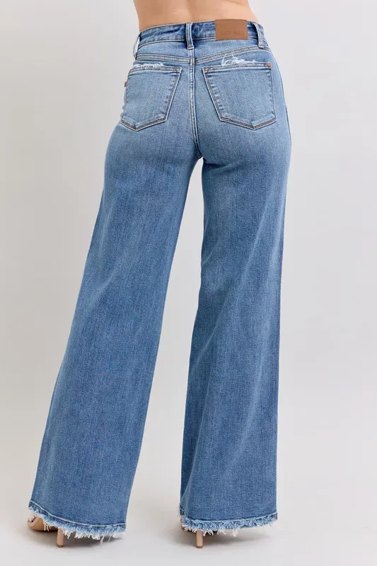 Blue Full Size Raw Hem Wide Leg Jeans Plus Size