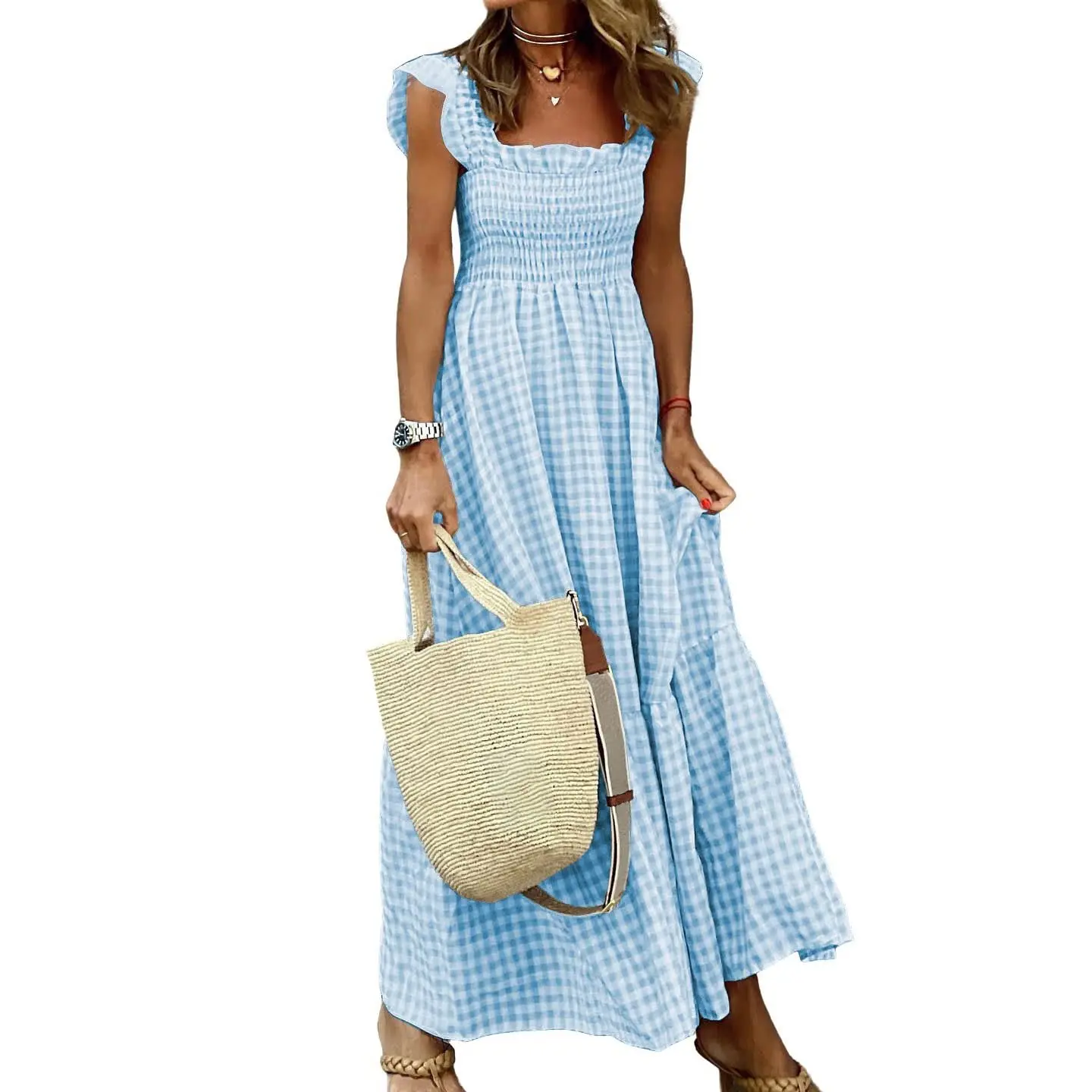 Women's Retro Plaid Smocked Dress Spaghetti Strap Flounce Long Casual Sleeveless Flowy Evening Fashion Basic with Pockets