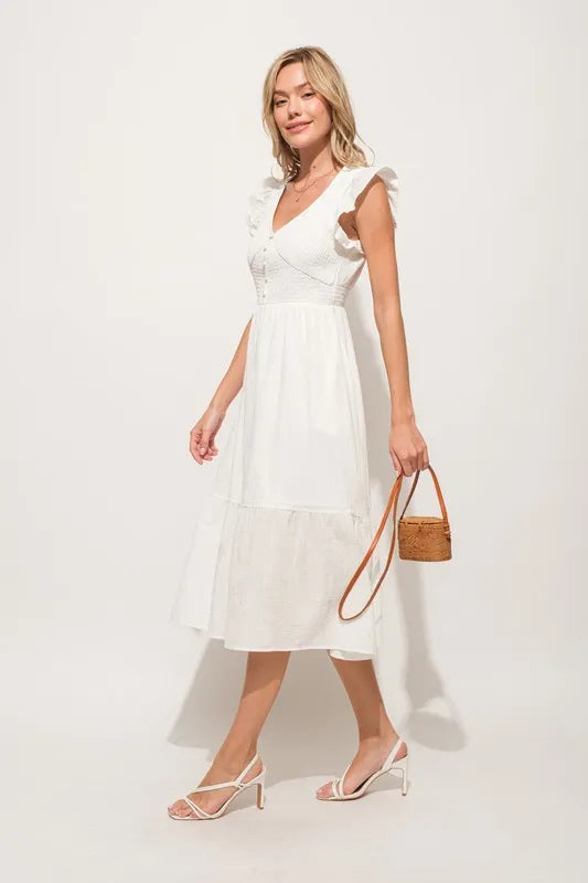 Ruffle Sleeve Front Smocked Tiered Midi Dress