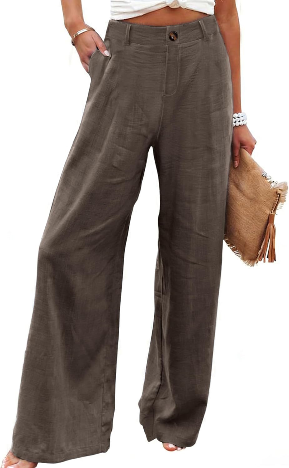 Womens Cotton Linen Pants Casual Button Up High Waisted Wide Leg Trousers