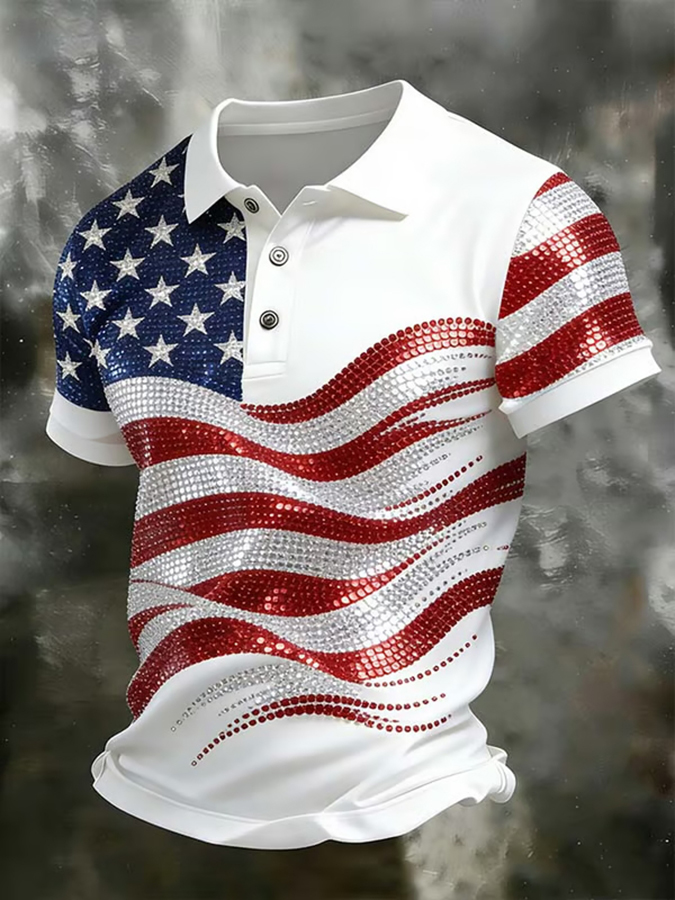 Men'S Casual American Flag Brick Inlaid Personalized Printed Short Sleeved Polo Shirt