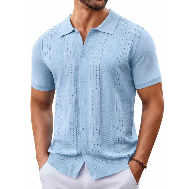 Men's Knitted Button-Down Shirt — Summer Short-Sleeve Casual Top, Vintage Beach Vacation Style Shirt