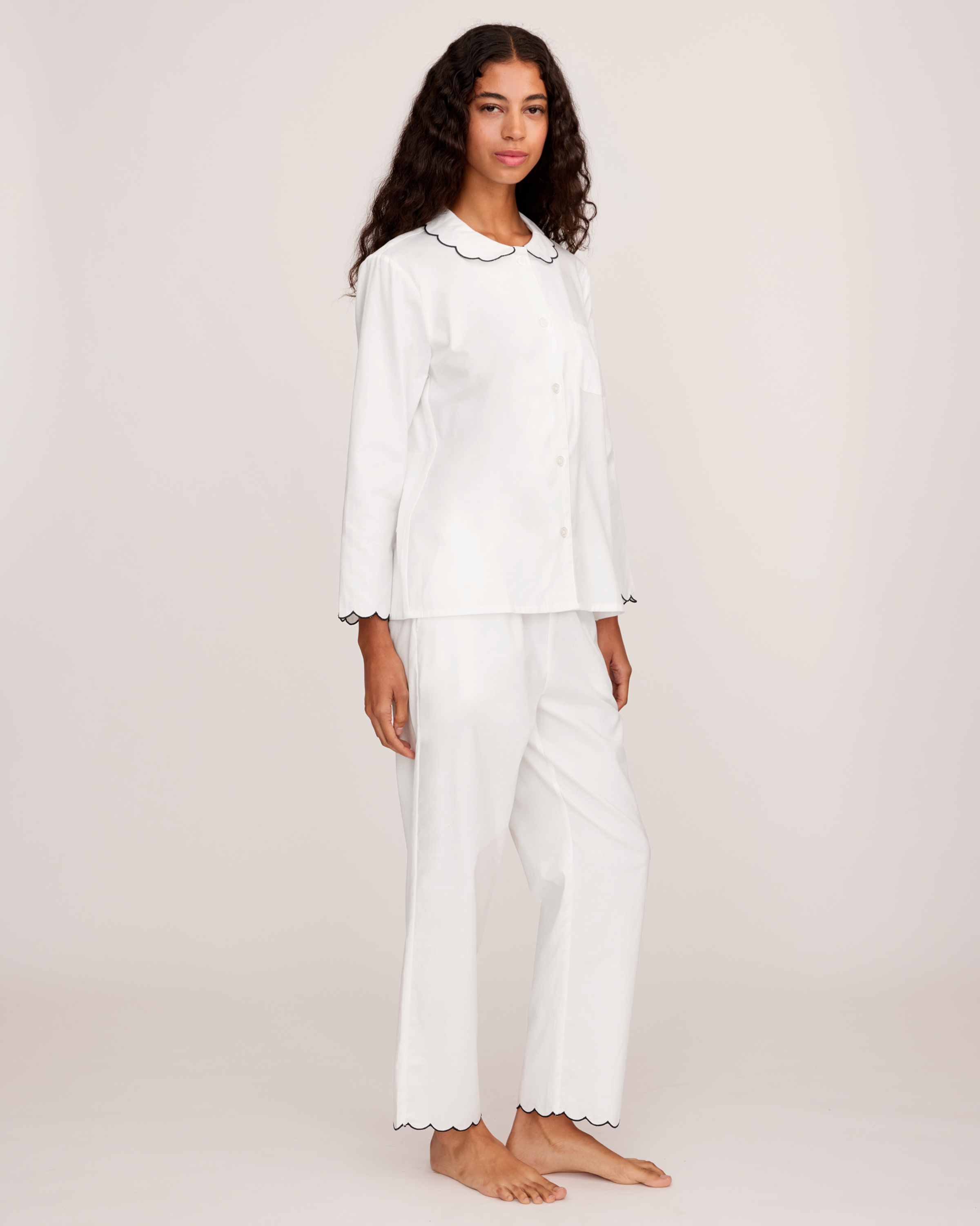 Women's Twill Colette Pajama Set in White with Navy Piping