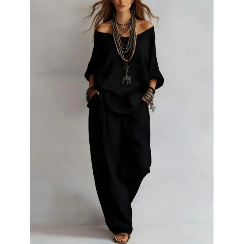 Women's 2-Piece Set, Summer New Casual Elegant Commuting Outfit with Loose 7-Quarter-Sleeved Top and Wide-Leg Pants