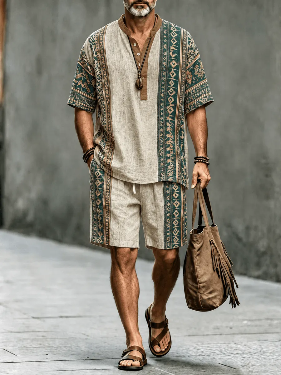 Men's Casual Vacation Set with African-Egyptian Pattern Print