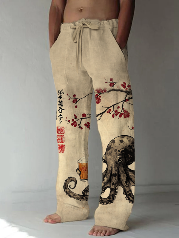 Men's Retro Japanese Octopus Drinking Beer Print Casual Pants