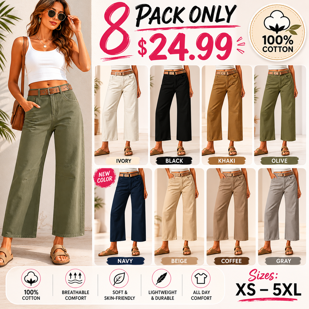 Solid-Color Mid-Rise Cropped Trousers with Contrast Stitching and Slight Taper