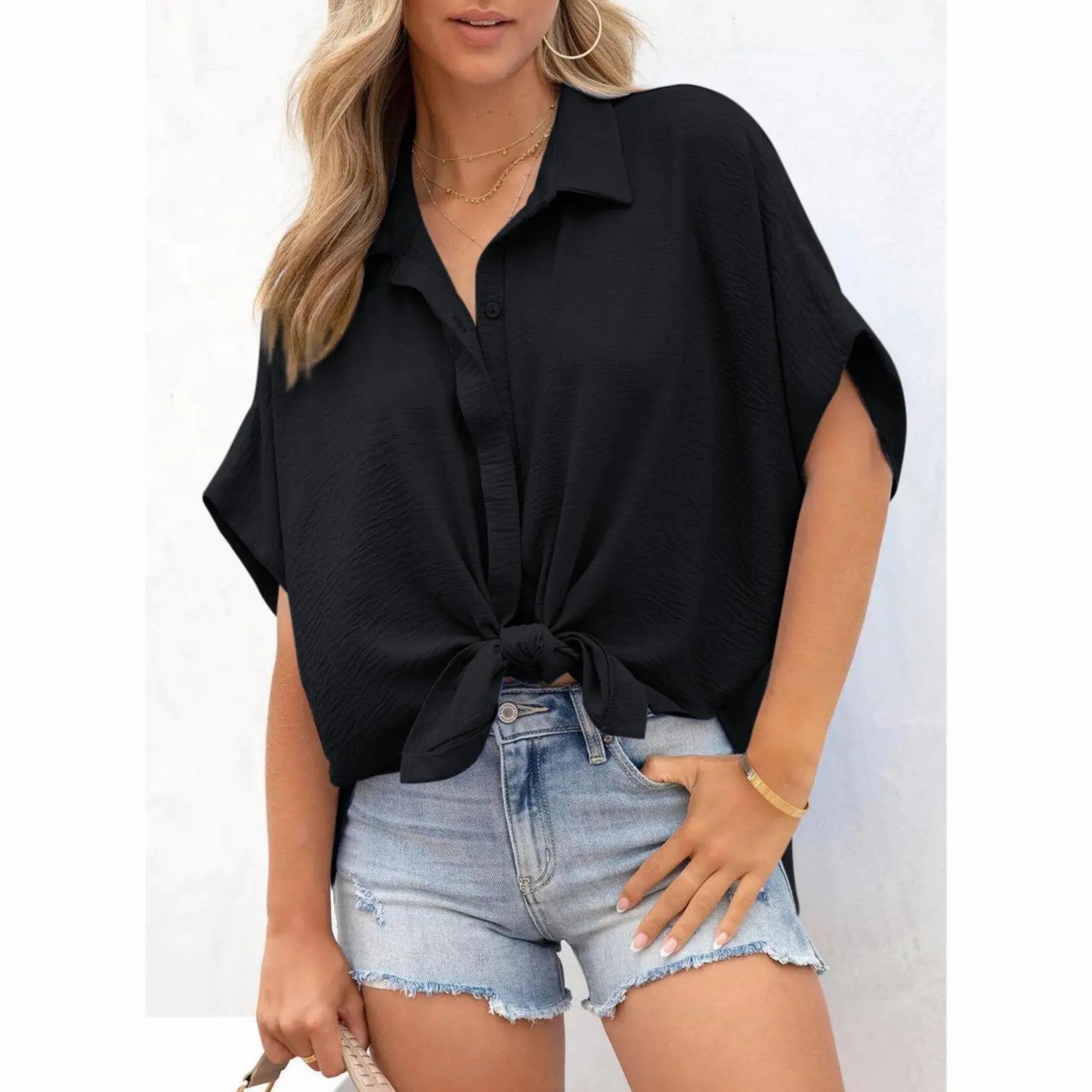 Women's Tops Dressy Casual V Neck Button Down Shirts Solid Short Sleeve Blouses