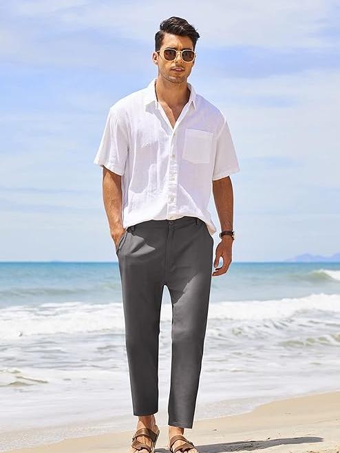 Men's Cotton Linen Pants Elastic Waist Lightweight Casual Pants Slim Fit Yoga Beach Pants with Pockets Menswear Trouser Daily