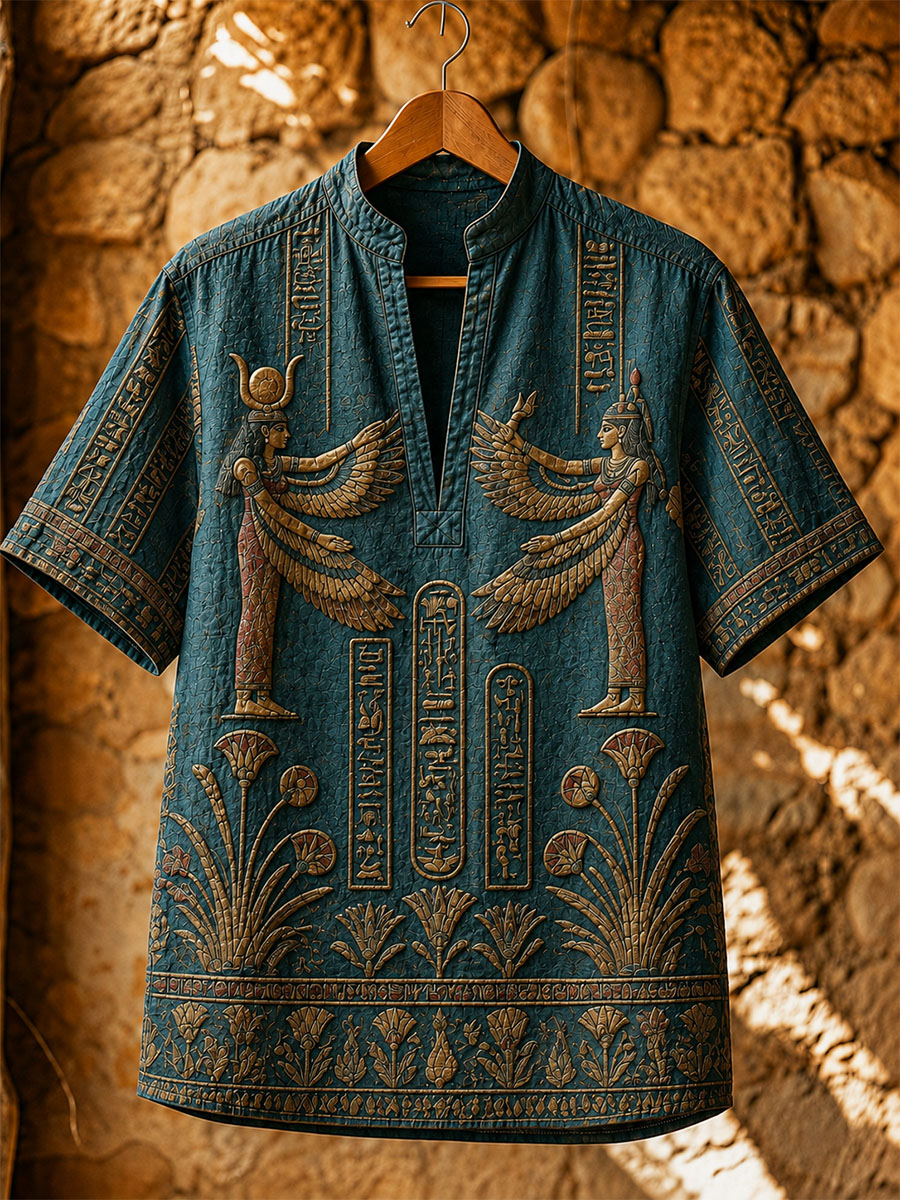 Ancient Egyptian Winged Goddess Men’s Short Sleeve Shirt – Hieroglyphic Lotus Embossed Print Top