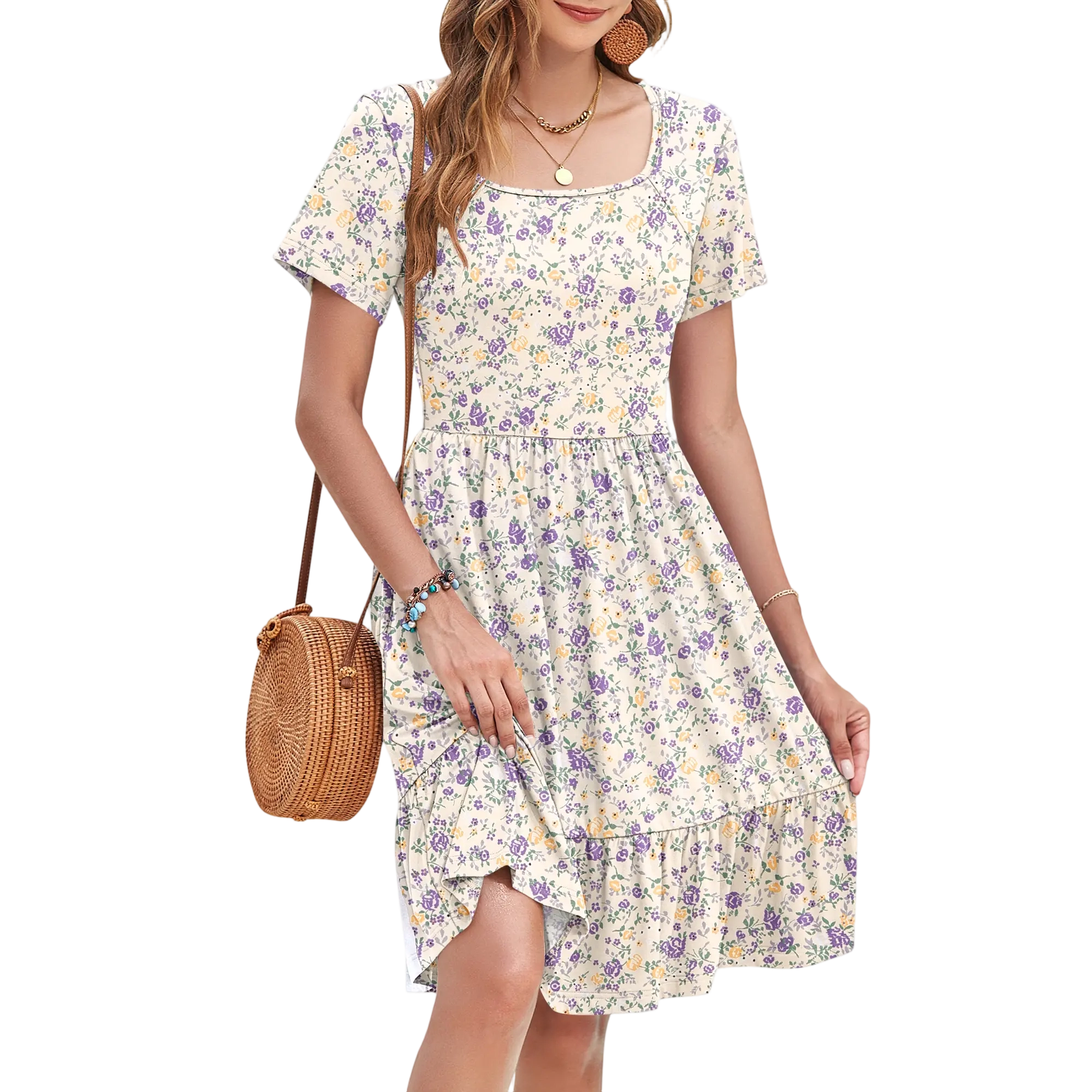 Women Square Neck Ditsy Floral Dress