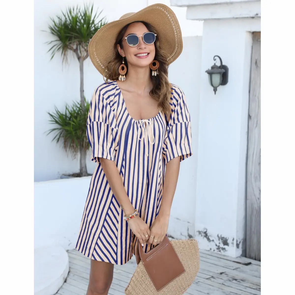 Women's Striped Wide Leg Romper – Puff Sleeve Loose Jumpsuit with Pockets