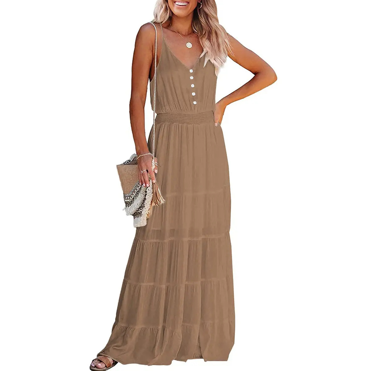 Women's Casual Summer Dress Spaghetti Strap Sleeveless High Waist Beach Long Maxi Sun Dresses