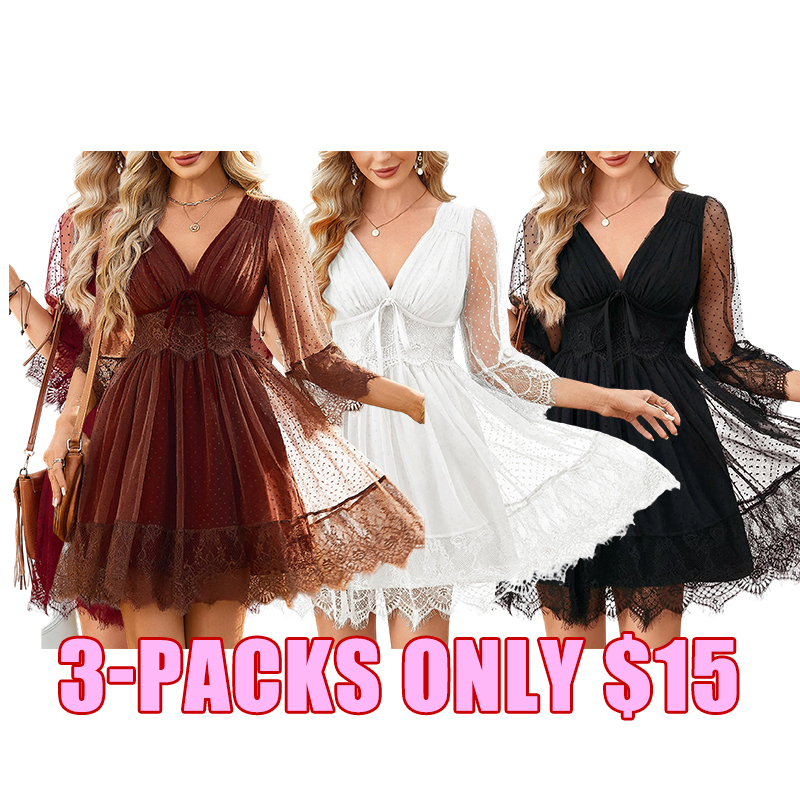 Boho Lace Deep V Bow Tie Mini Dress