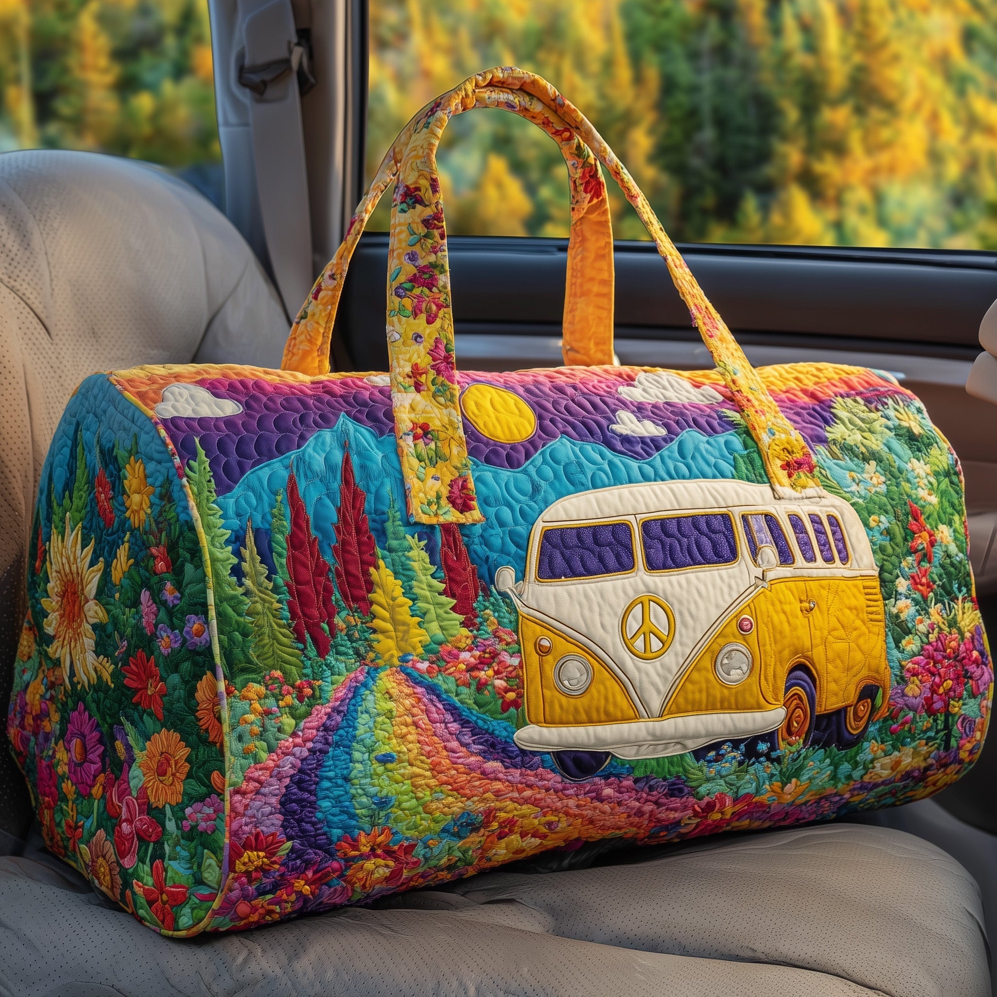 Hippie Journey Quilted Duffle Bag – Retro Boho Travel & Weekender Bag