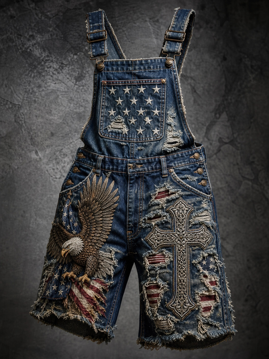 Men's Bald Eagle Cross Stars and Stripes Ripped Pattern Print Shorts Overalls