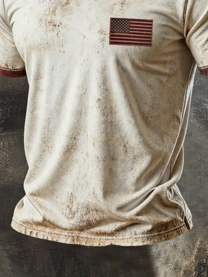 Men's Retro Patriotic Color-Block V-Neck Short-Sleeve T-Shirt