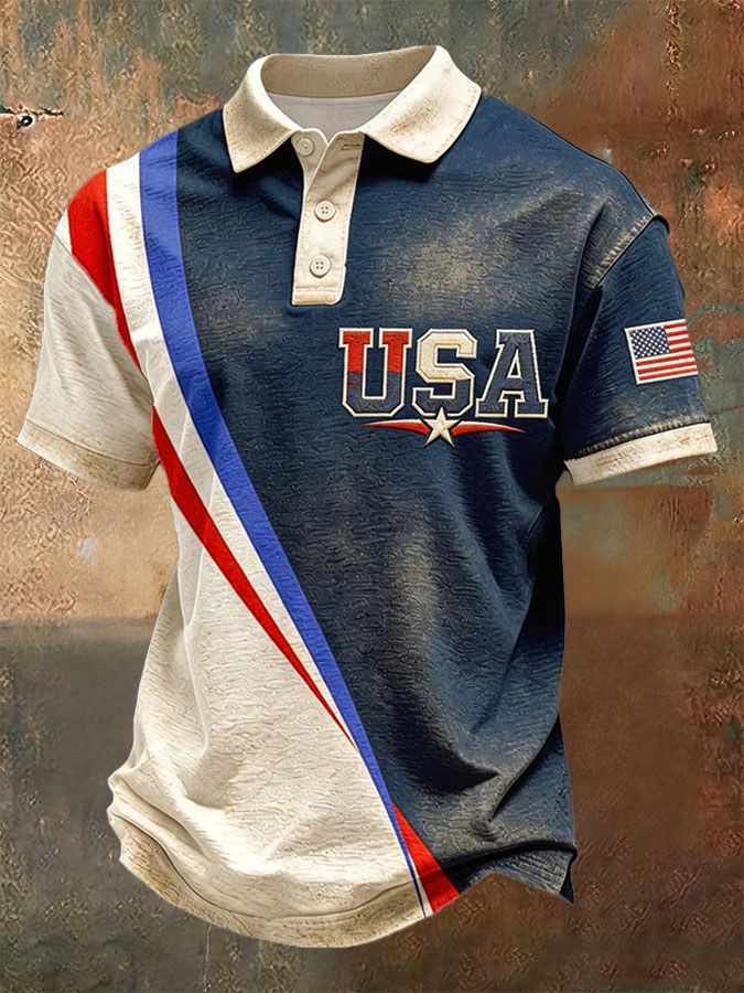 Men's casual American Independence Day printed celebration short sleeved polo shirt