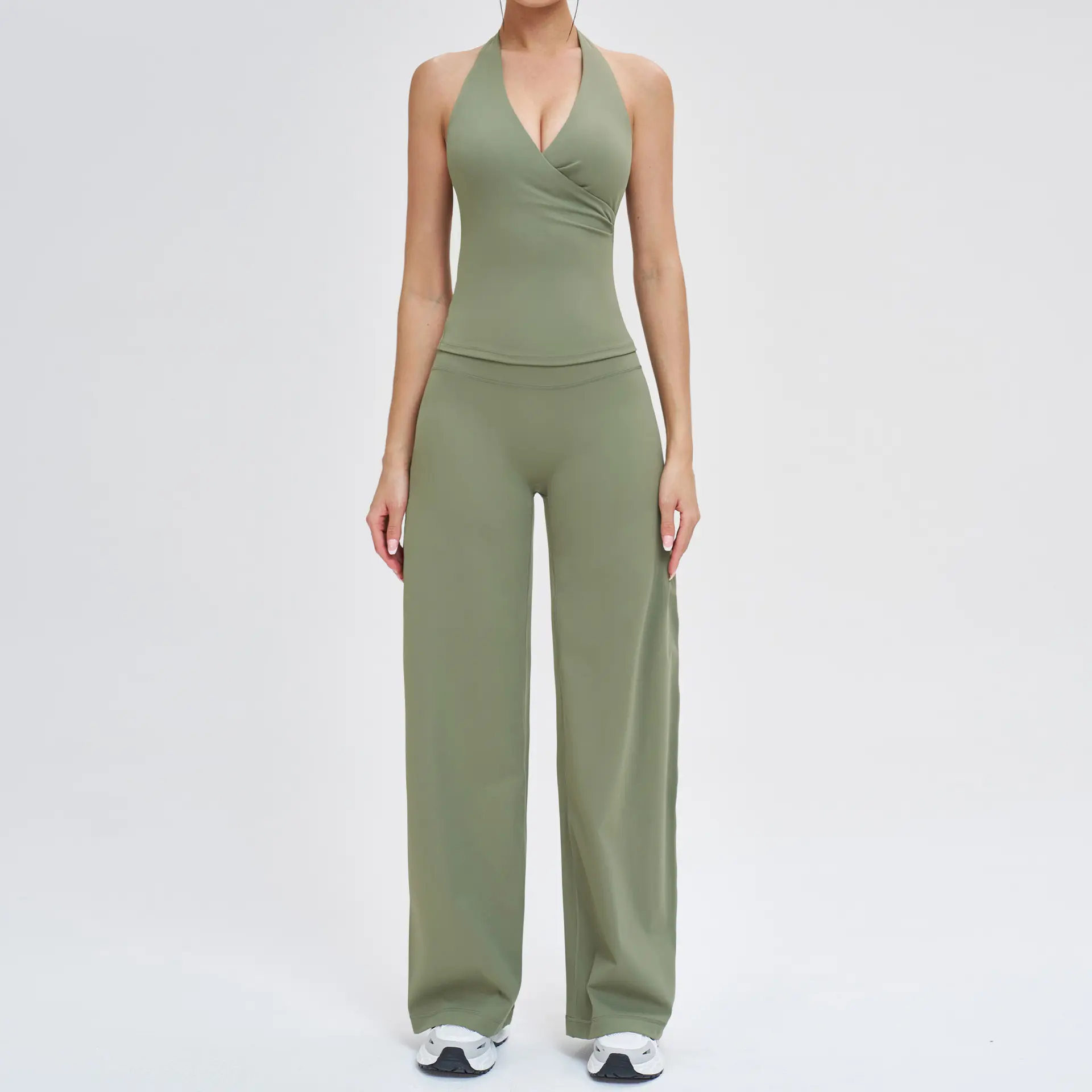 Women's 2-Piece Stretchy Workout Set - V-Neck Halter Top & High-Waisted Flare Leggings, NVWA Mother's Day Gift, Gym Training Attire, Pilates Athleisure Matching Outfit Set, 2 Piece Sets,summerwins