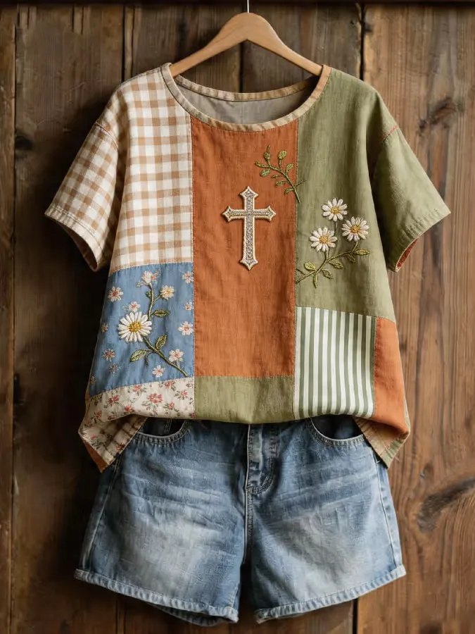 Women's Casual Color-block Top with Floral and Faith Print