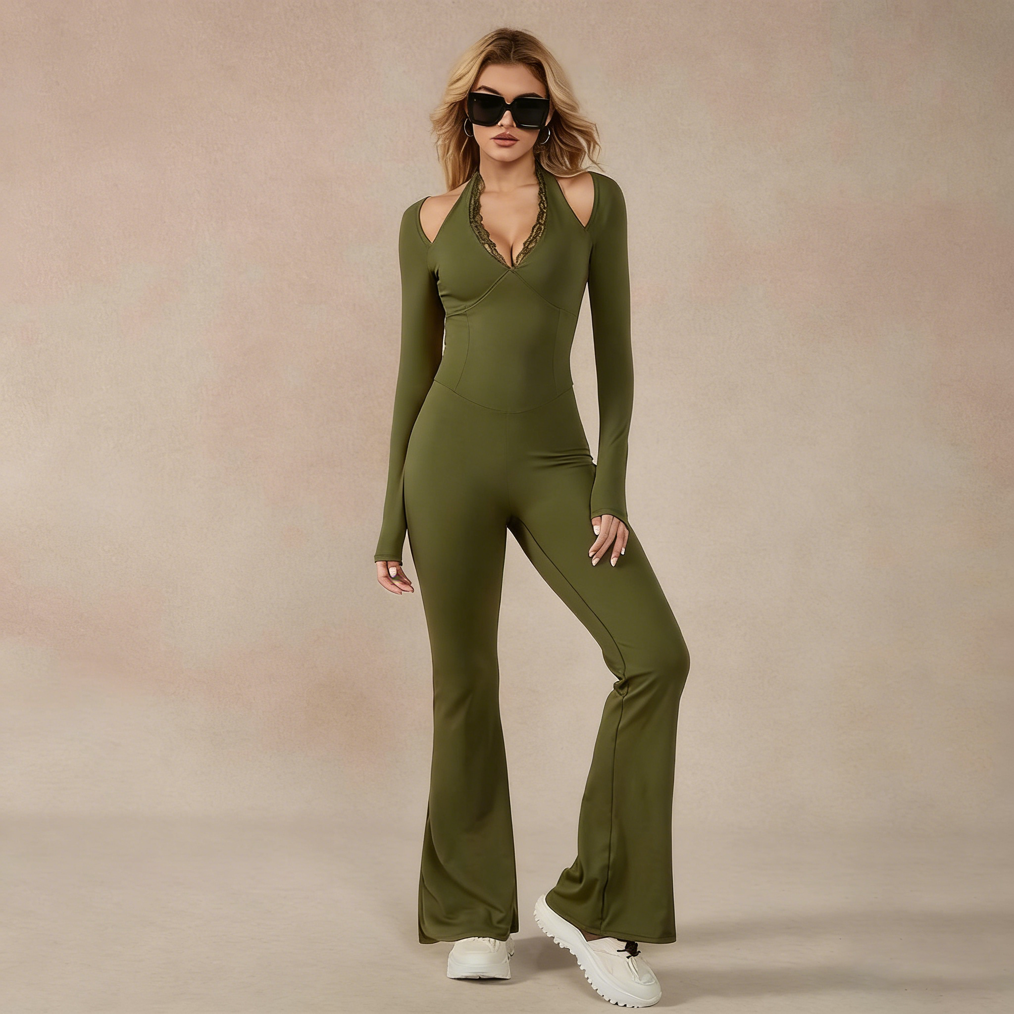 Women's Long-Sleeve Lace-Trim Halter Jumpsuit