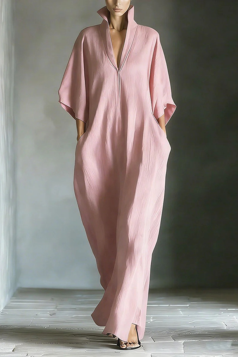 Women's Black Cotton Blend Fabric Oversized Kimono-Sleeve Maxi Dress With Pockets
