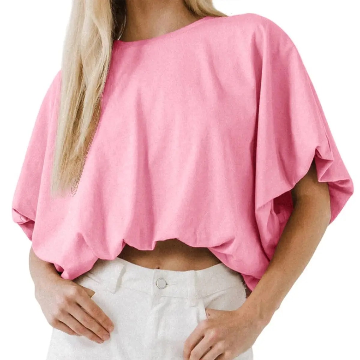 Women's Slouchy Dolman Sleeve Crop Top – Soft & Flowy Casual Summer Tee