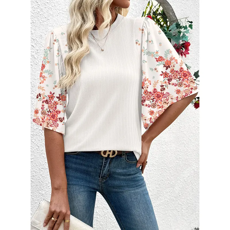Women's Bohemian-Style T-Shirt Top — Crew Neck, 3/4 Sleeves
