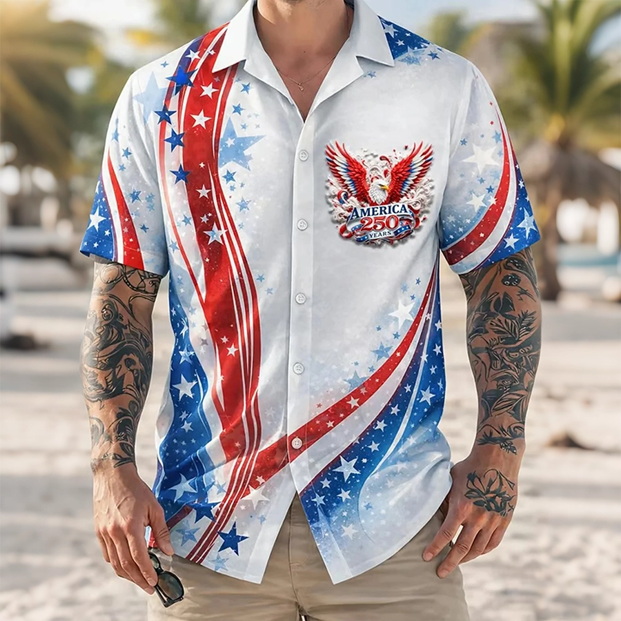 Men'S Casual American Eagle Flag Five Pointed Star Ribbon Art Printed Shirt