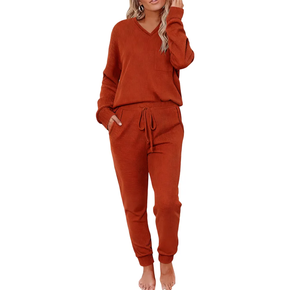 V-neck waffle knit top and pants casual set