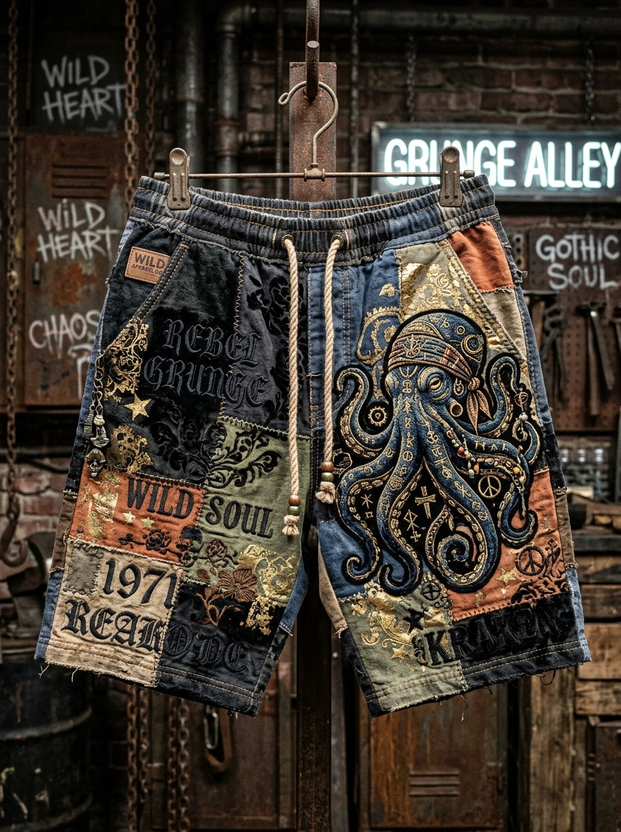 Men's Pirate Octopus Kraken Patchwork Rebel Grunge Wild Soul Art Print Casual Shorts