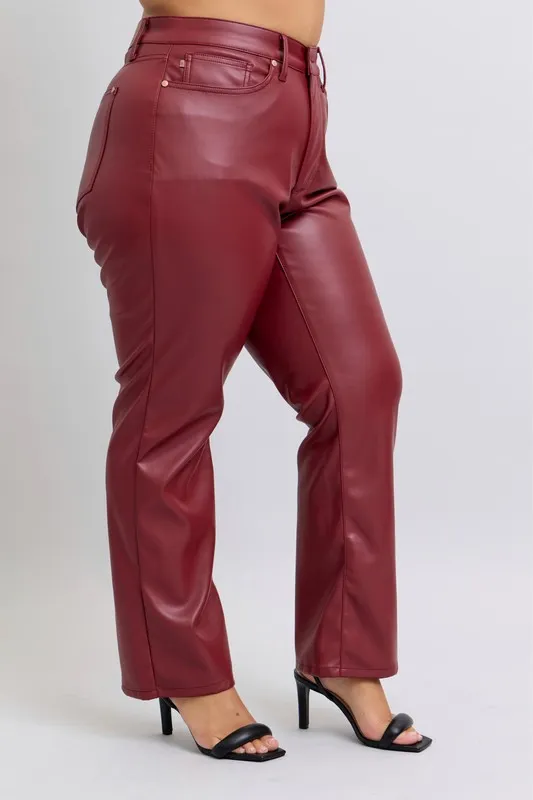 Blue Full Size High Waist Tummy Control Faux Leather Straight Pants Plus Size