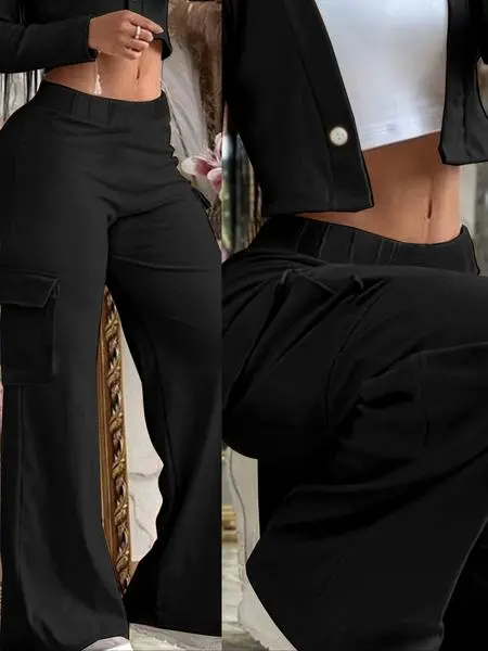 Women's Solid Color Flap Pocket Pants