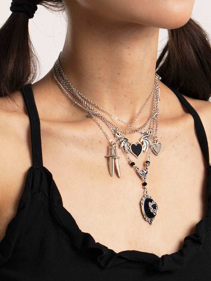 Halloween Gothic Dark Heart Wings Pendant Necklace