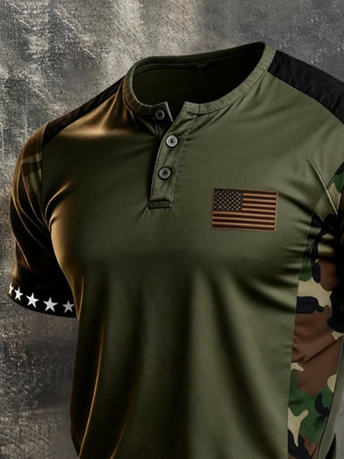 Men's Retro Patriotic Color-Block Short-Sleeve Henley T-Shirt