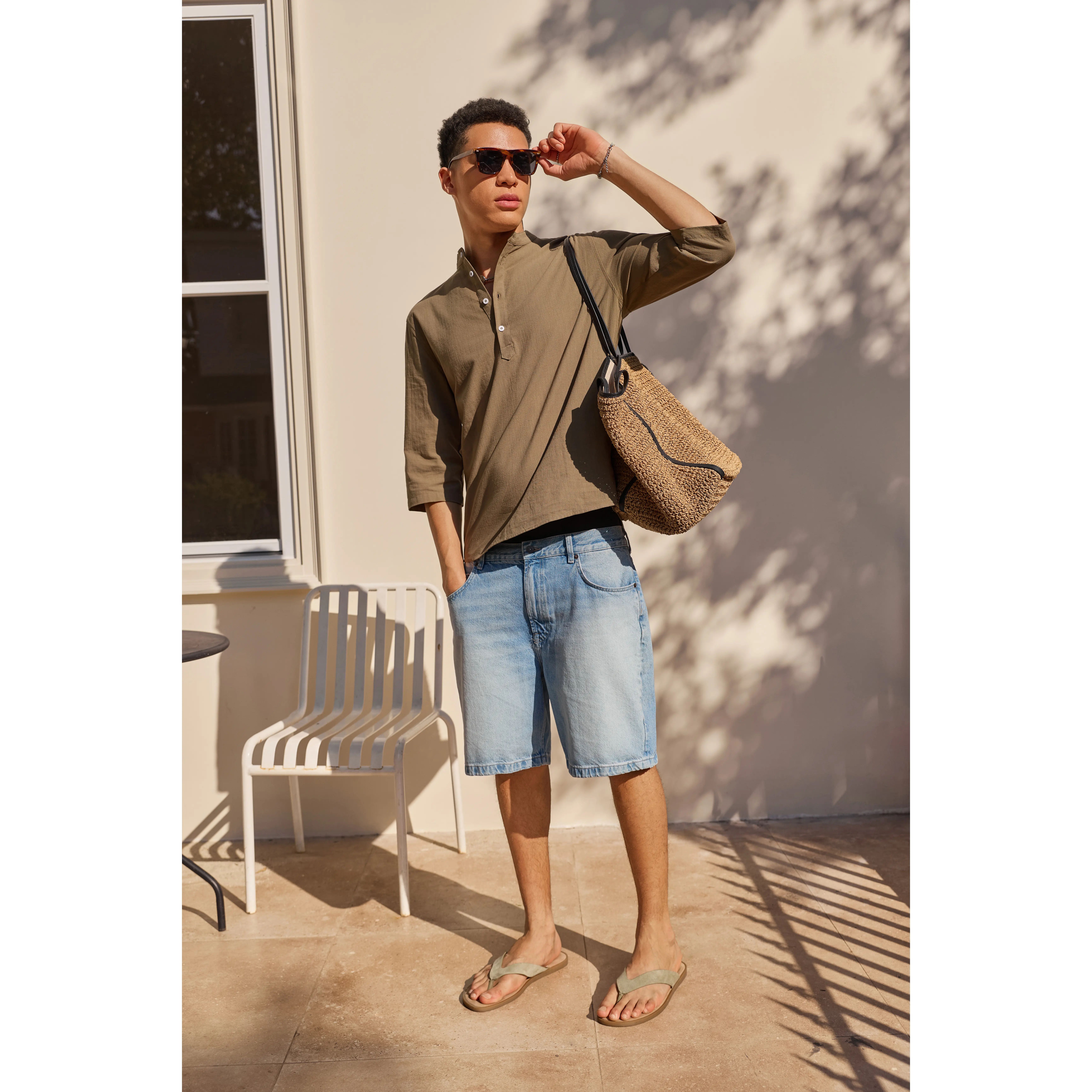Mens 70% Cotton 30% Linen Shirts Casual Cotton 3/4 Sleeve Regular-Fit Henley T-Shirt Summer Lightweight Beach Yoga Tops