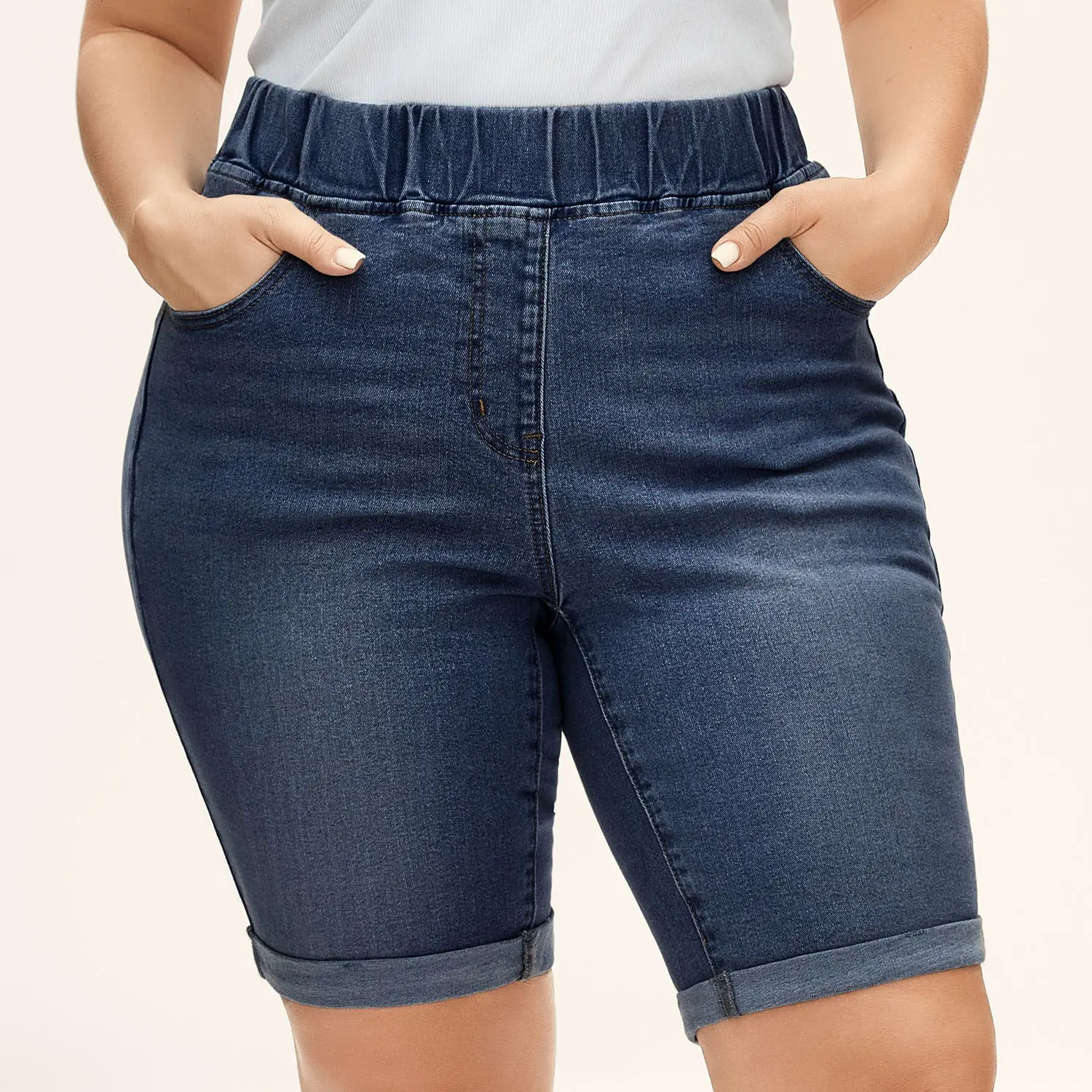Plus-size high-waisted stretch denim shorts