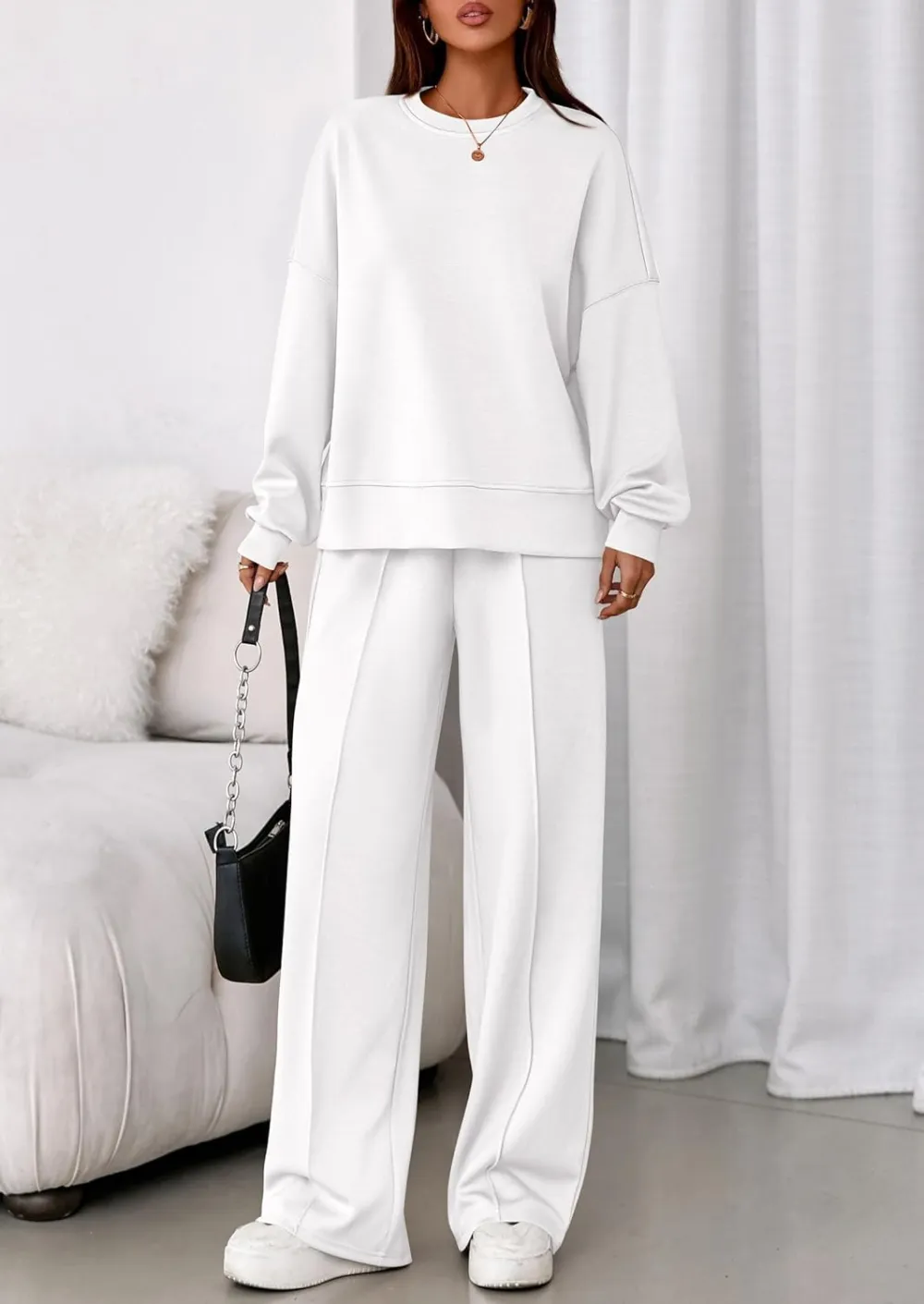 2 Piece Sets For Women Fall Trendy Long Sleeve Sweatshirt Wide Leg Pants Loungewear