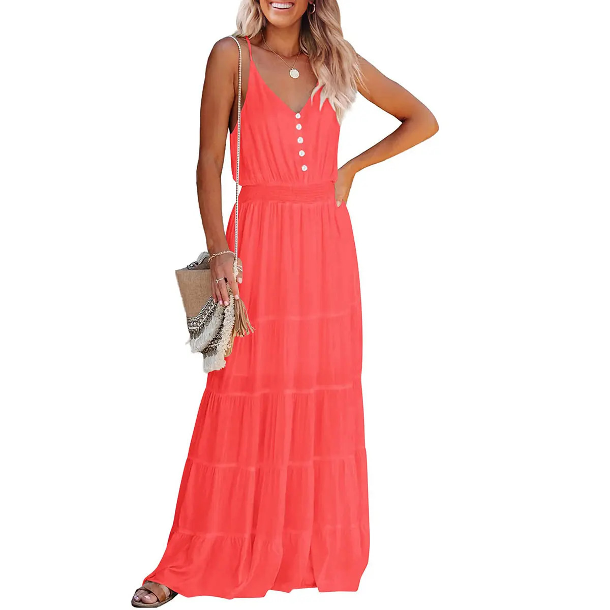 Women's Casual Summer Dress Spaghetti Strap Sleeveless High Waist Beach Long Maxi Sun Dresses