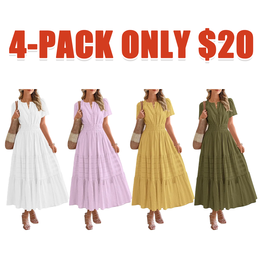 Women's Casual V-Neck Boho Maxi Dress with Pockets