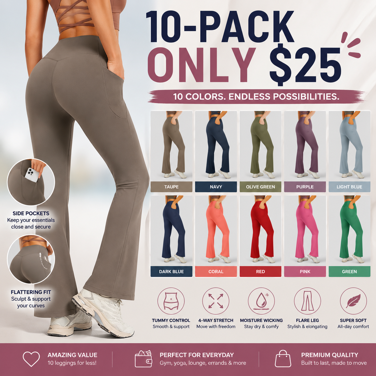 UltraSculpt High Waisted Tummy Control Pocket Shaping Yoga Bootcut Leggings