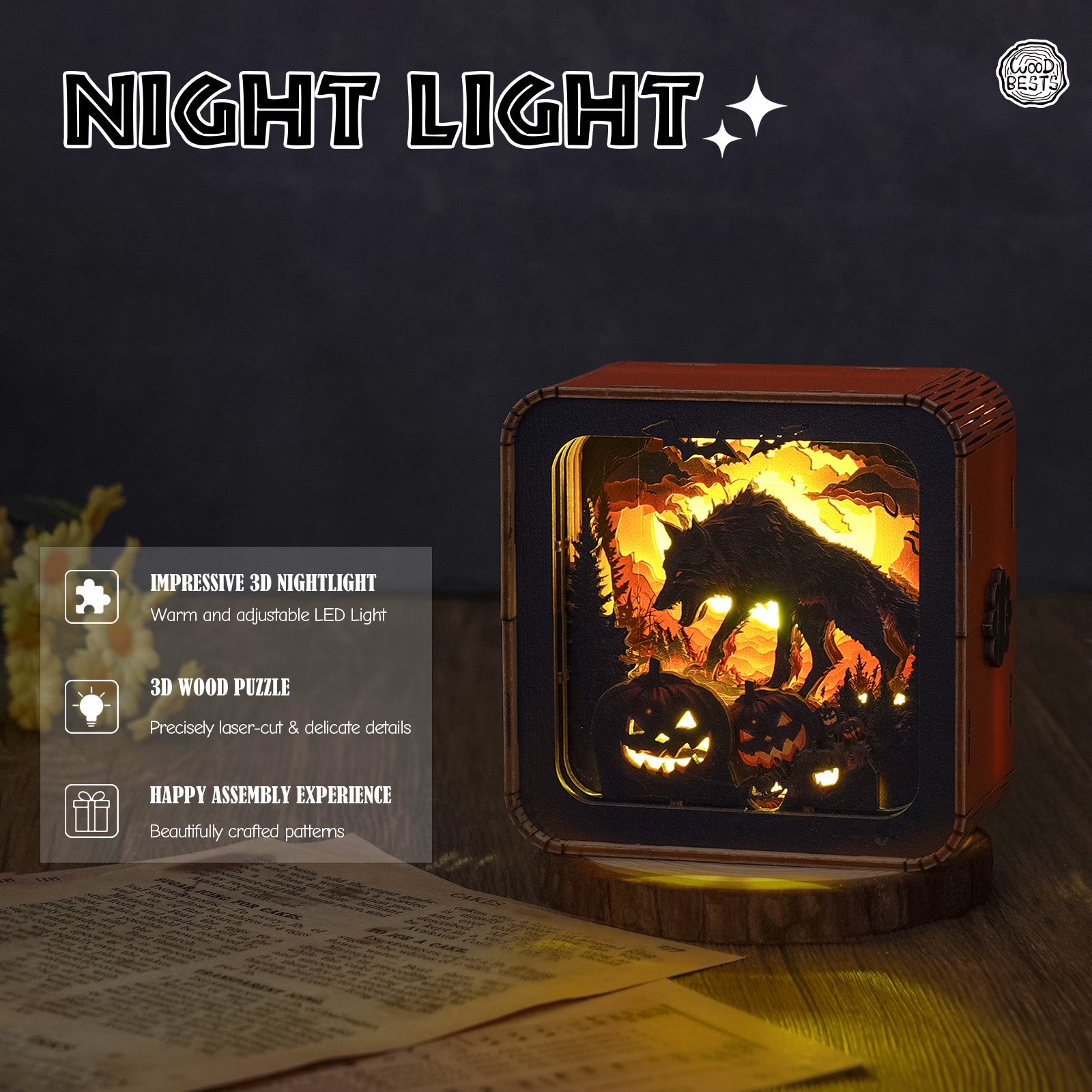 Halloween Wolf Kit - 3D Wooden Puzzle Night Light