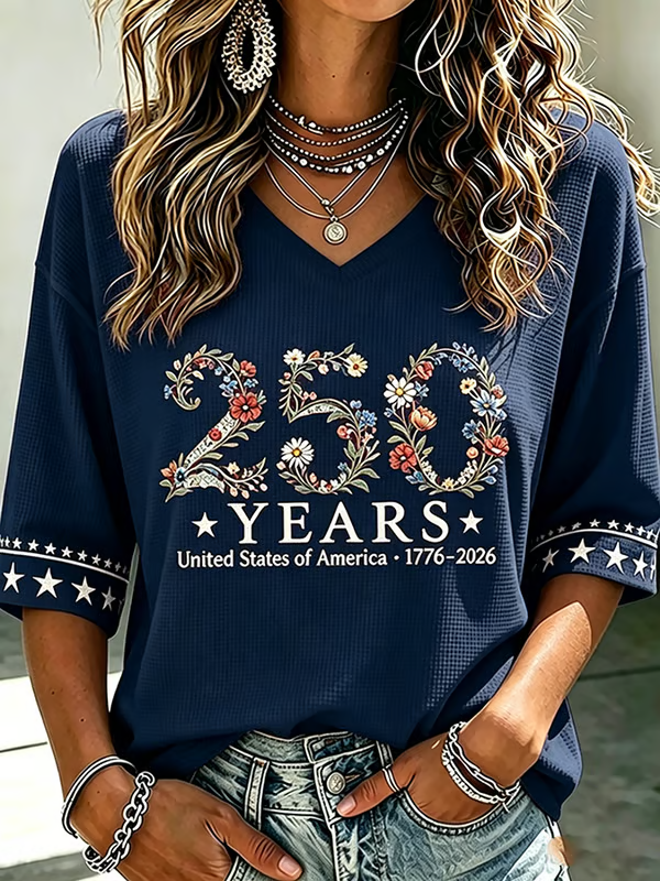 Ladies' American Flag Printed Casual Long Sleeve V-neck T-shirt
